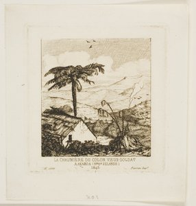 Den gamle soldatens stråtakshytte, Akaroa, 1845 av Charles Meryon