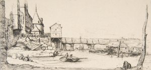 Gangbroen som midlertidig erstattet Pont-au-Change, Paris, etter brannen i 1621, af ..., 1860. av Charles Meryon