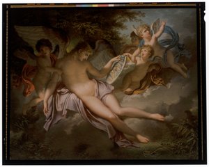 Amor gråter over tapet av Psyche, hvis portrett han stopper i hendene av Charles Meynier