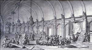 Plyndring av kunstverk under Napoleon Bonaparte: "Madonnaen av Correge (Antonio Correggio) ble tatt fra akademiet i Parma og overlevert til de franske kuratorene i mai 1796". Tegning med kinesisk blekk av Charles Meynier (1768-1832). Dim. 0,17x0,32 m av Charles Meynier
