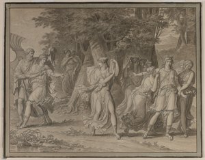 Telemachus, oppfordret av mentor, forlater øya Calypso, 1800. av Charles Meynier