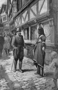 Kaptein John Smith møter en rød indisk venn fra Virginia mens han tar en spasertur nedover The Strand i London (litho)