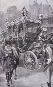 Kong Edward VII og dronning Alexandra i statstreneren på vei tilbake fra kroningen i Westminster Abbey, London av Charles Mills (after) Sheldon