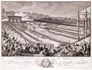 Festival of the Federation, 14. juli 1790, på Champ de Mars, sent på 1700-tallet, gravert av Isidore Stanislas Helman (1743-1809) av Charles Monnet