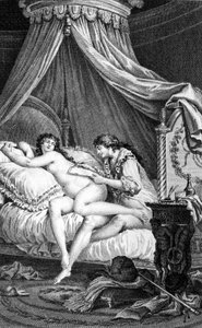 Illustrasjon for "" Les Liaisons dangereuses"" av Choderlos de Laclos. Gravering av Charles Monnet (1732 - 1808): Valmont skriver et brev på baksiden av Emilie (en kurtisane).