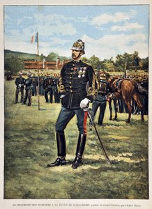 The Fire Regiment has the Longchamps magazine (Portrait of Colonel Couston), illustration by Charles Morel (1861-1908). Engraving from 1887 in “” Paris-Illustrous journal weekly””. av Charles Morel