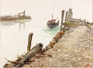 Jolle nærmer seg en brygge (kroppsfarge) av Charles Napier Hemy