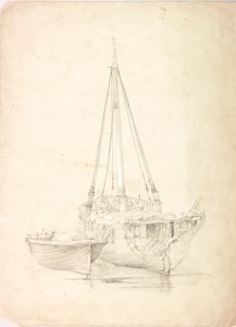 Gammel fiskebåt og jolle (kroppsfarge og blyant på papir) av Charles Napier Hemy