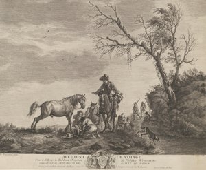 En ulykke på reise, en knelende mann som fikser en ødelagt sal, en hest som pisser på ..., 1740-50.