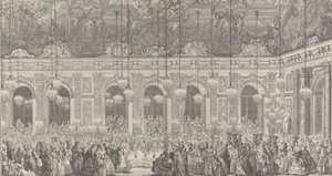 Dekorasjon til et maskeball i Versailles, i anledning t..., ca. 1860-opptrykk av 1764-plate.