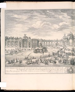 Innbundet utskrift, Veüe-perspektiv av dekorasjonen hevet på terrassen i Versailles-palasset for belysningen og fyrverkeriet som ble tegnet i anledning ekteskapet til Madame Louise-Elisabeth av Frankrike med Don Philippe Second Jnfant d 