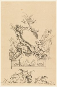 Design for Cartouche with Crown, Two Putti Serving Bacchus og Two Lions fra "Cartouches Nouvellement Inventez"