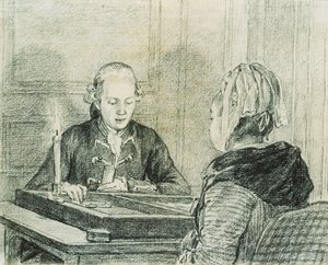 Et sittende par, damen sett bakfra, spiller Backgammon ved levende lys av Charles Nicolas II Cochin