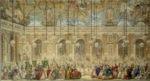 Ballmaske eller ball av Ifs gir til bryllupet til Louis Dauphin av Frankrike (1729-1765) med Marie Therese (Marie-Therese) fra Spania i Glace Gallery i Versailles i februar 1745 Tegning med penn og blekk av Charles Nicolas Cochin le Jeune (1715-1790)