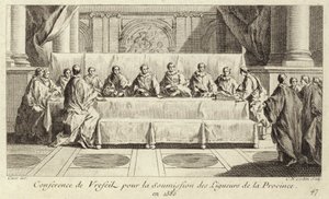 Konferanse for innlevering av medlemmer av den katolske ligaen i Languedoc av Charles Nicolas II Cochin