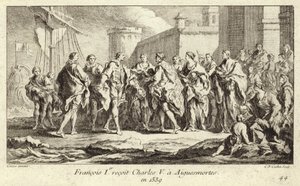 Kong Frans I av Frankrike mottok keiser Charles V i Aigues-Mortes av Charles Nicolas II Cochin