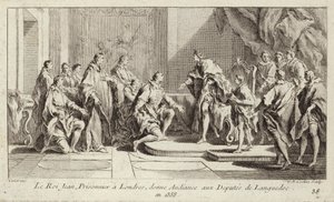Kong John II av Frankrike, holdt fange av engelskmennene i London, og ga audiens til en deputasjon fra Languedoc av Charles Nicolas II Cochin