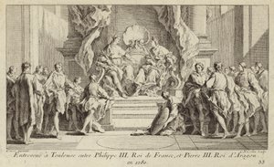 Møte i Toulouse mellom kong Filip III av Frankrike og kong Peter III av Aragon av Charles Nicolas II Cochin