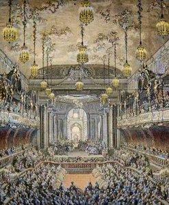 Representasjon av ballettkomedien «La Princesse de Navarre»» i Versailles, i anledning ekteskapet til Louis Dauphin av Frankrike med Marie Therese (Marie-Therese) fra Spania (1726-1746) i Versailles 23. februar av Charles Nicolas II Cochin
