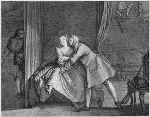 Øremakeren og formhylleillustrasjonen for Les contes de La Fontaine, ca. 1743”. gravering av Charles-Nicolas Cochin (1715-1790). av Charles Nicolas II Cochin