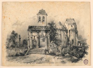 Tre skikkelser foran en kirke