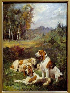 Fire jakthunder. Maleri av Charles Olivier De Penne (1831-1897)
