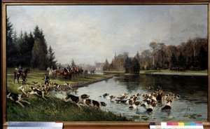 Jakt et løp: "" Hjortens hallali ved dammen til Sulvie, jakten på hertugen av Aumale"" Maleri av Charles Olivier de Penne (1831-1897) 1880 Søn. 0,77x1,33 m Chantilly, musee Conde - Jakt på hunder: Halloer av hjorten ved Sulvies dam, jakt på
