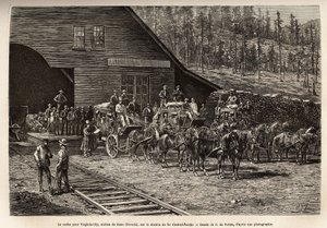 Reno-stasjonen, for å ta krysset for Virginia City (Nevada), på Central Pacific Railway (Central Pacific), gravert etter tegningen av O. de Penne, som illustrerer reisen fra Washington til San Francisco, i 1868, av L. Simonin, publisert i "Le t