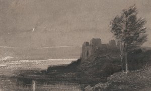 Et slott ved vannkanten ved måneskinn