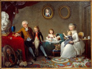 Familien til Jean Pierre Dourcet Familien til den royalistiske adelen på revolusjonstidspunktet. En blomst av lilje er plassert på bordet og bystene til kongen og dronningen. Maleri av Charles Landon (1760-1826) Grenoble Musee des Beaux Arts fra 1800-talle