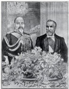 Hjertelig: den franske presidenten Emile Loubets besøk i London - banketten ved den franske ambassaden - kong Edward VII og Loubet - tegnet av Paul Renouard for avisen The Graphic. juli 1903. av Charles Paul Renouard