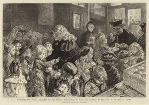 Dispensering av Winter Charities of the Parish, distribusjon av mat og klær til de fattige i St Clement Dane