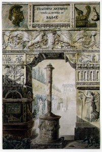 Antikke fragmenter fra det antikke Roma, design for en tittelside fra puben "Palasser, hus og andre moderne bygninger, tegninger i Roma" av Charles Percier og Francois Leonard Fontaine (1762-1853). Paris