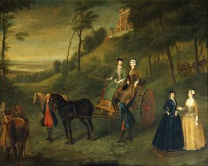 Ladies and Maids of Honor i Greenwich Park: Et gruppeportrett av Juliana, hertuginne av Leeds, Lady Charlotte Hamilton, Lady Isabella Tufton og Henrietta, grevinne av Pomfret, alle iført ridevaner, med brudgom og hester foran observatoriet, 173