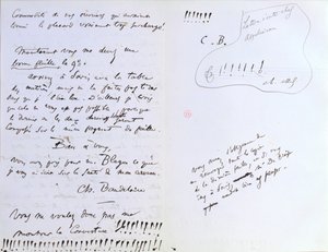 Siste side i et brev til Baudelaires redaktør Auguste Poulet-Malassis (1825-78) angående utgivelsen av 'Les Fleurs du Mal, ca. 20. februar 1857 (penn og blekk på papir) av Charles Pierre Baudelaire