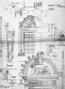 Certosa di Pavia, Doorway in small Cloister, 1891 (Side fra skissebok, blekk på patronpapir) av Charles Rennie Mackintosh