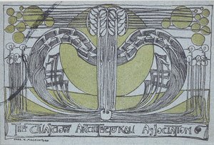Conversazione Program for Glasgow Architectural Association, 1894 (linosnitt trykt i svart og grønt på lyseblått papir) av Charles Rennie Mackintosh