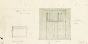Design for en garderobe, vist på forsiden og interiøret, ca. 1899-1900 (blyant, akvarell) av Charles Rennie Mackintosh