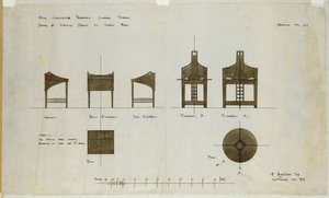 Design for skrivebord vist foran og fra siden, for Ingram Street Tea Rooms, 1909 av Charles Rennie Mackintosh