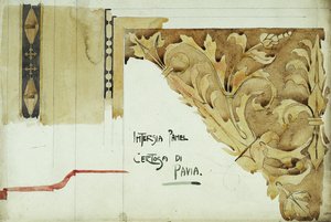Intarsia Panel, Certosa di Pavia, 1891 (blyant og akvarell på papir) av Charles Rennie Mackintosh