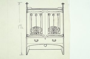 Stregtegning av møbler (et sminkebord), ca. 1910 (blekk på papir) av Charles Rennie Mackintosh
