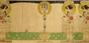 Foreløpig design for veggdekorasjon av første etasje Room of Miss Cranston's Buchanan Street Tearooms, 18967 (blyant og wc på kalkerpapir) av Charles Rennie Mackintosh