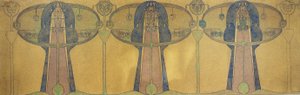 Dekorativ frise av stiliserte menneskefigurer, tre- og planteformer, ca. 1895 (blyant og akvarell på grått kunstpapir) av Charles Rennie Mackintosh