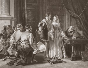 Lady Jane Greys motvilje mot å ta imot kronen, gravert av A.H. Payne (litho)