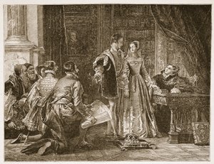 Lady Jane Greys motvilje mot å akseptere kronen, Sion House, 8. juli 1553, illustrasjon fra 'The Church of England: A History for the People' av HDM Spence-Jones, pub. ca. 1910 (sepia-bilde av Charles Robert Leslie
