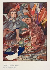 «Æhm!» sa musen med en viktig mine. Alice med en mus og andre dyr.