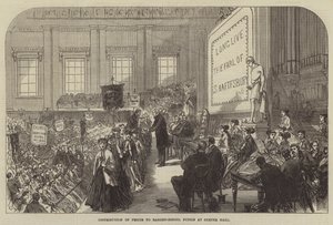 Utdeling av priser til ujevn skoleelever ved Exeter Hall av Sir John Charles Robinson