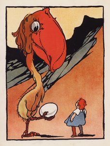 Tull: Gutt med en merkelig fugl som holder et egg (fargelitografi)