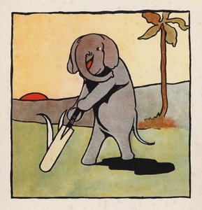 Tull: Elefant som spiller cricket (fargelitografi) av Charles Robinson