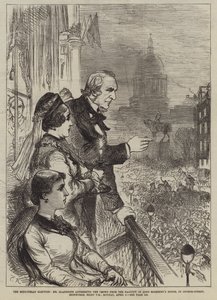 The Midlothian Election, Mr Gladstone taler til folkemengden fra balkongen til Lord Rosebery House, i George-Street, Edinburgh, åtte om kvelden, mandag 5. april